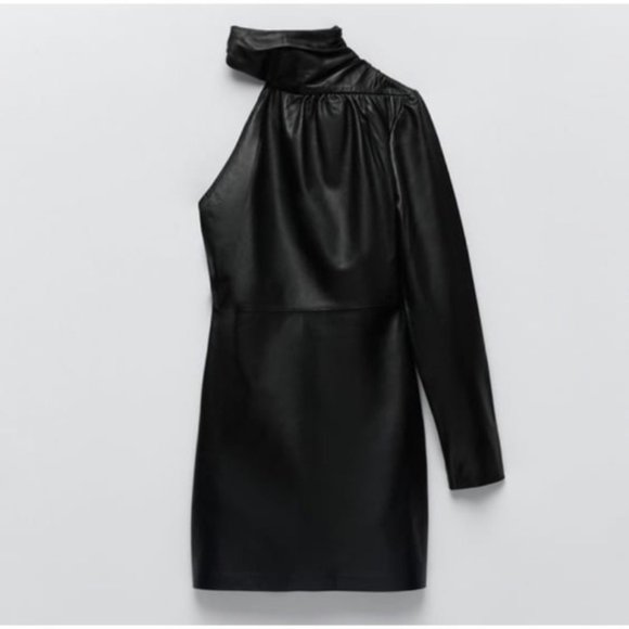 NWT Zara Asymmetric Genuine Real Leather One Sleeve Mini Dress size S - Picture 1 of 6